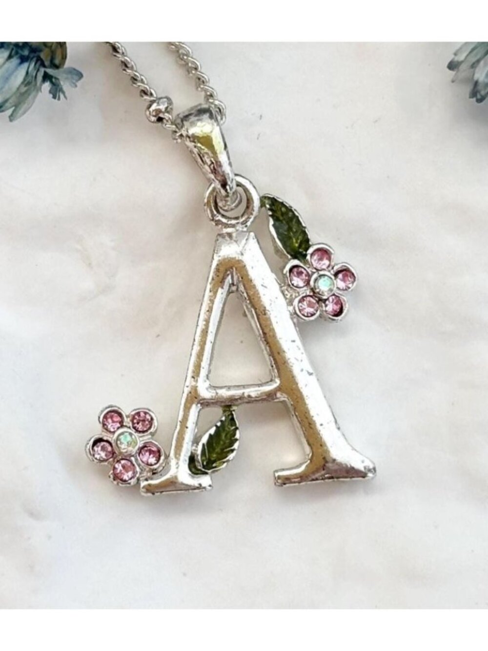 A Letter Vintage Silver Toned Floral Framed Pendant Necklace - 18"